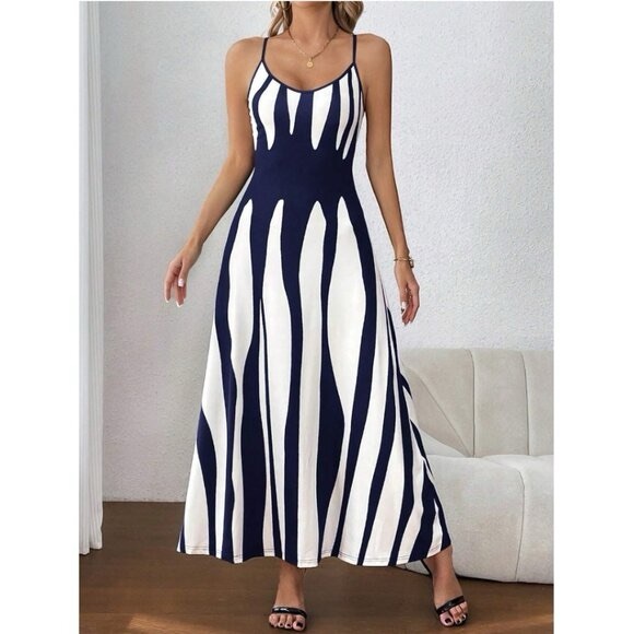 Dresses & Skirts - Blue White Rib Knit Graphic Print A line Dress